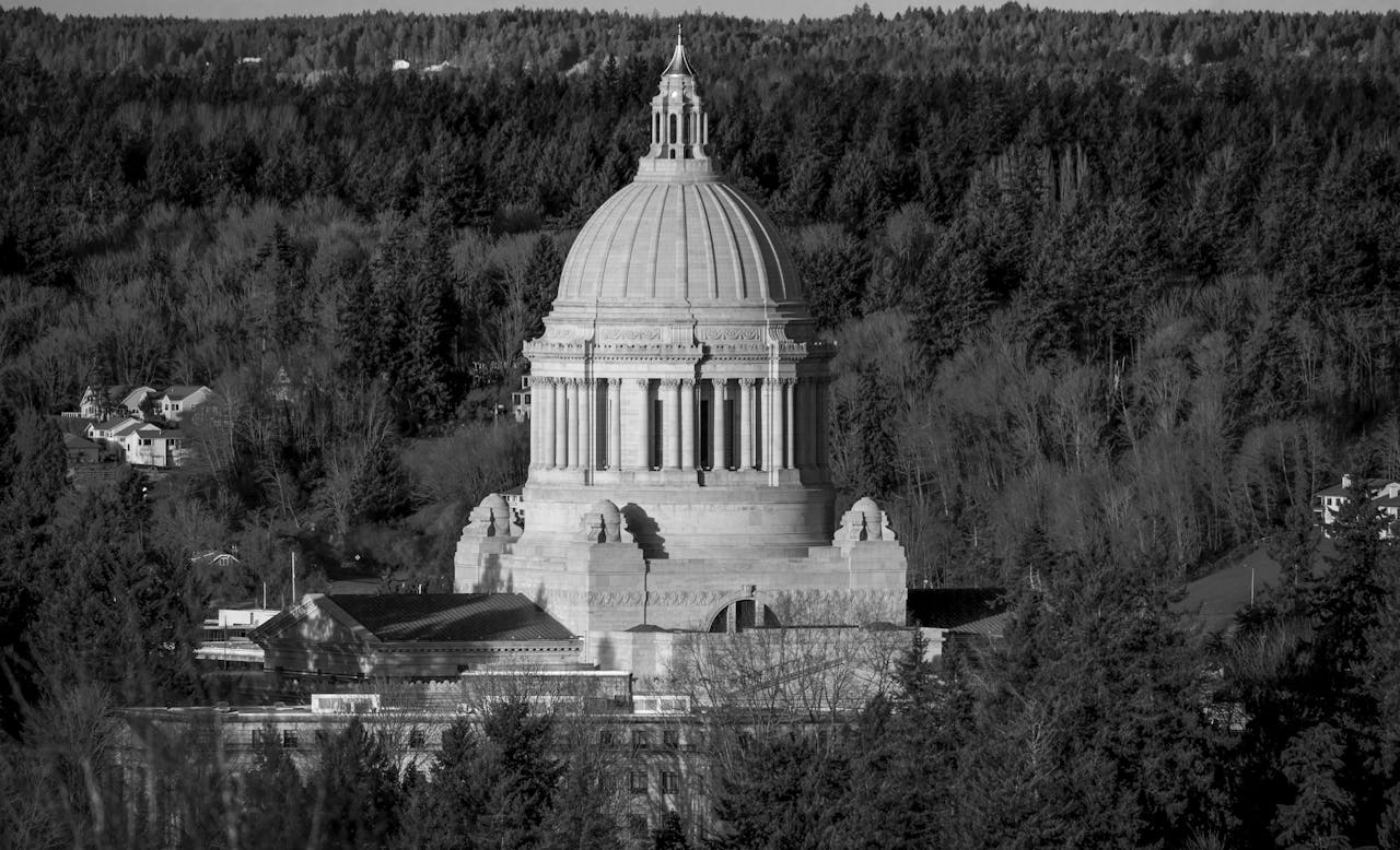 Elegant black and white photo of the Washington State Capitol dome surrounded by trees in Olympia.