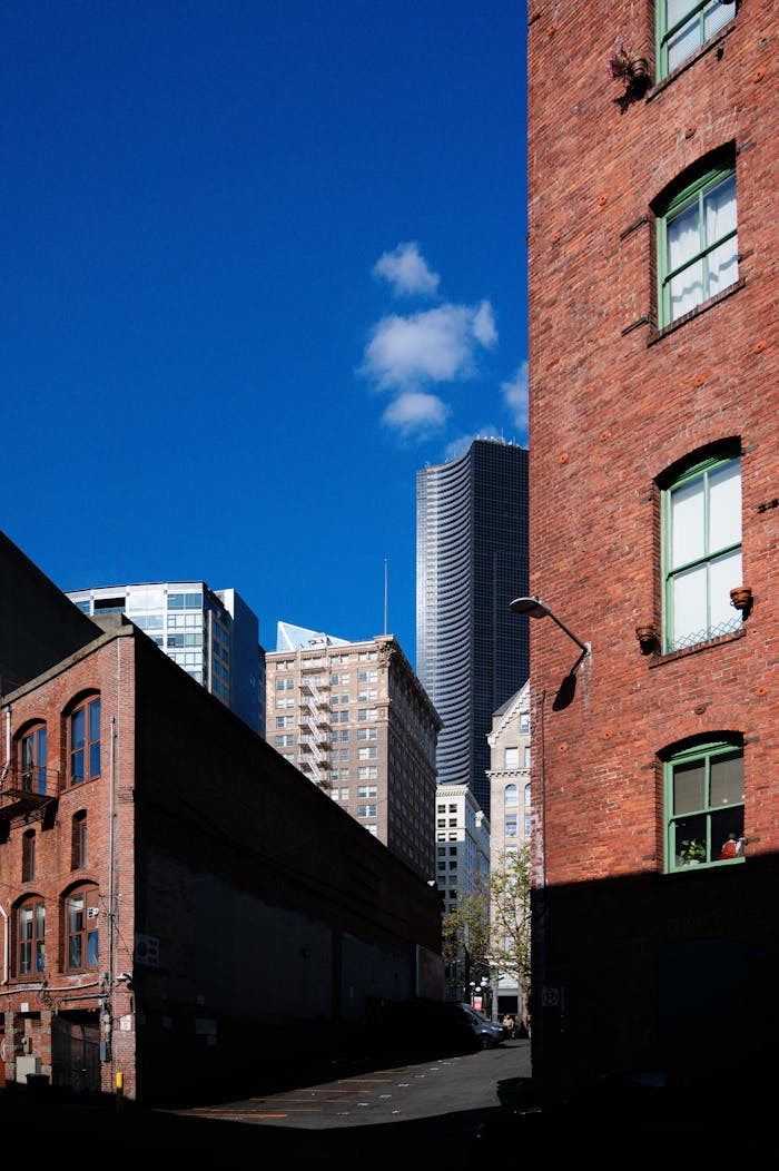 Capture of Seattle's skyline from a historic brick alleyway.